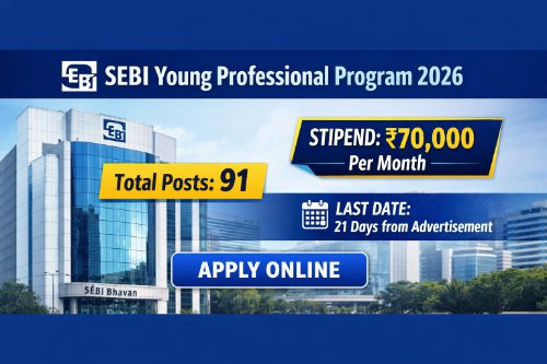 SEBI Young Professional Program 2026 recruitment banner showing 91 vacancies and ₹70,000 stipend