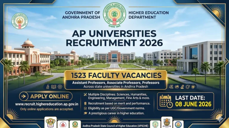 AP Universities Recruitment 2026 featured image for 1523 faculty vacancies including Assistant Professor, Associate Professor, Professor and Lecturer posts apply online notification in Andhra Pradesh universities