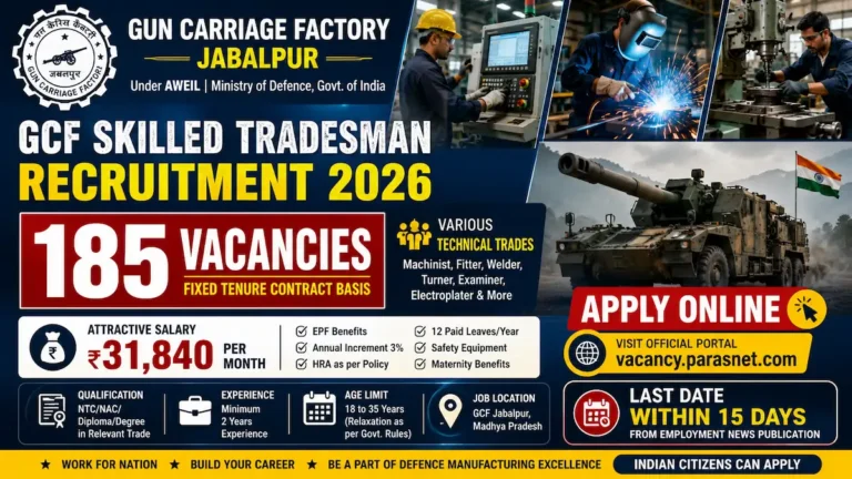 GCF Skilled Tradesman Recruitment 2026 notification for 185 vacancies at Gun Carriage Factory Jabalpur