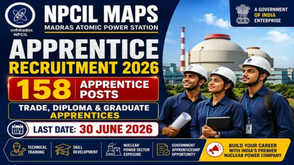 NPCIL MAPS Apprentice Recruitment 2026 featured image banner showing 158 apprentice vacancies for Trade, Diploma and Graduate Apprentices at Madras Atomic Power Station (MAPS), Kalpakkam. Image includes nuclear power plant background, apprentice candidates wearing safety helmets, technical training icons, application deadline 30 June 2026, and official government recruitment design.